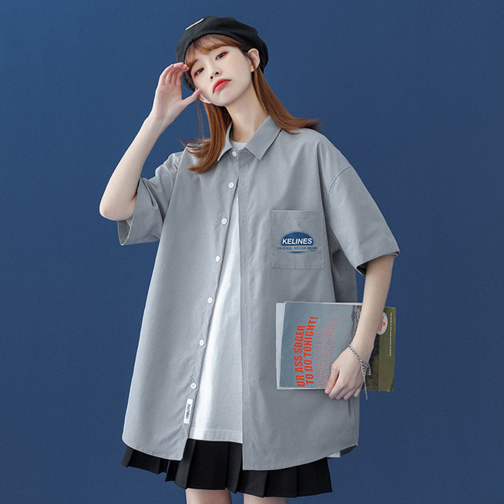 欧美字母衬衫女复古设计感五分袖上衣夏季外套...