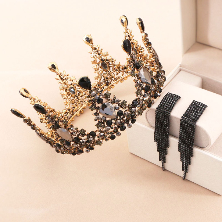 欧式复古巴洛克黑色水晶圆形皇冠耳环新娘头饰...