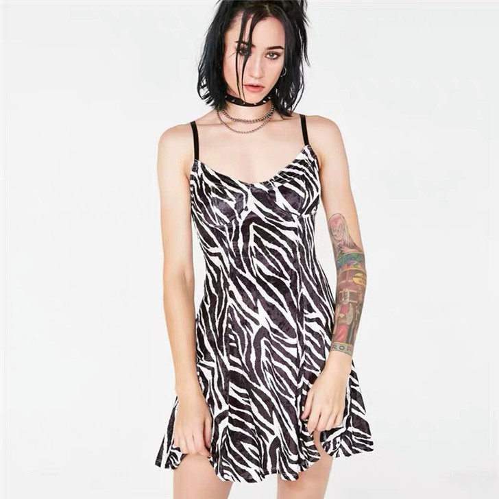 斑马纹收腰显瘦吊带朋克连衣裙女 S码