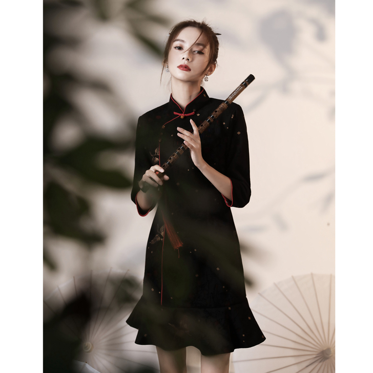 国潮改良旗袍女夏2021新款黑色年轻名媛少...