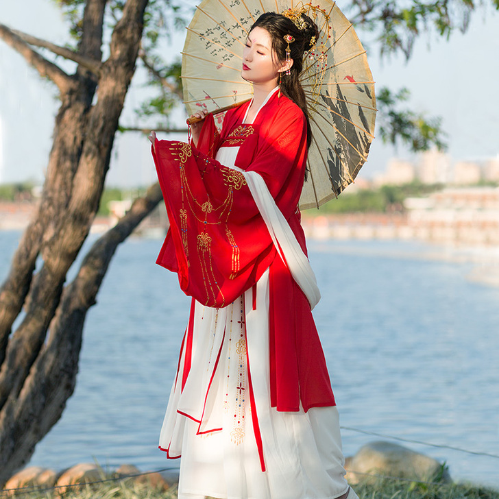 汉服齐胸襦裙对襟红色古装中国风女装大袖衫学...