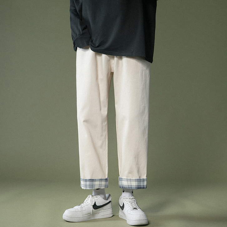 白色裤子女夏季薄款格子翻边休闲裤ins潮2...