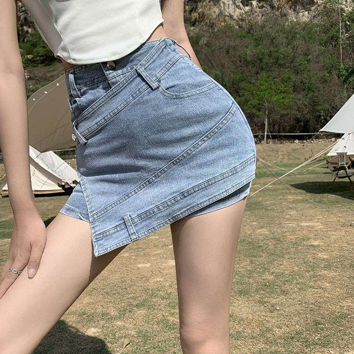 网红ins超火不规则拼接牛仔短裙高腰设计感...