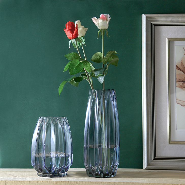 现代简约纯手工吹制竖楞透明玻璃花瓶百合玫瑰...