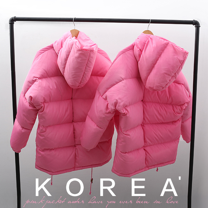 2015冬装韩国代购粉色茧型羽绒服女中长款...