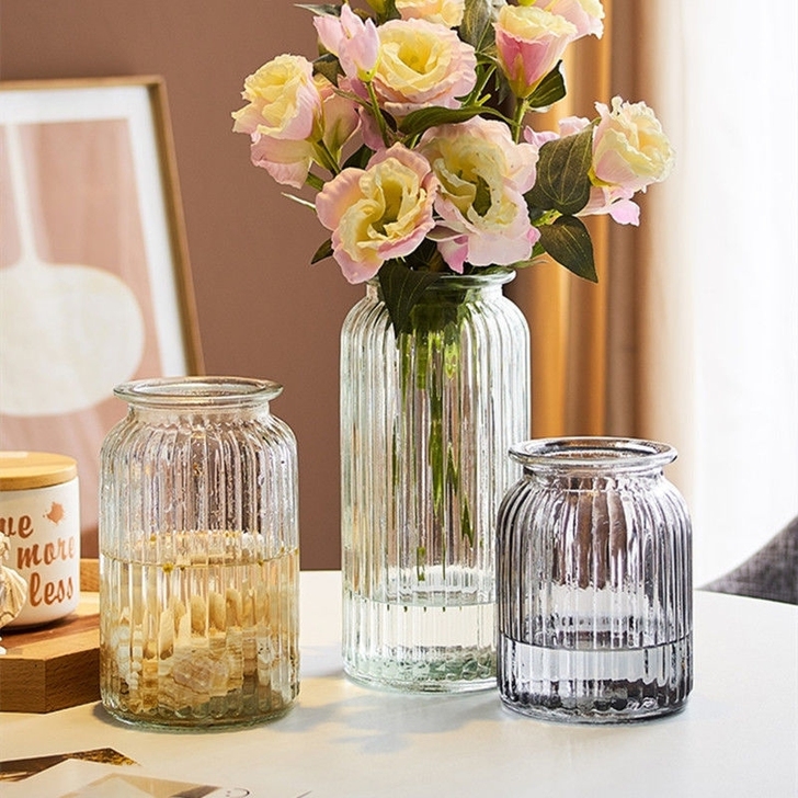 【低价处理】简约竖纹透明玻璃花瓶摆件客厅插...