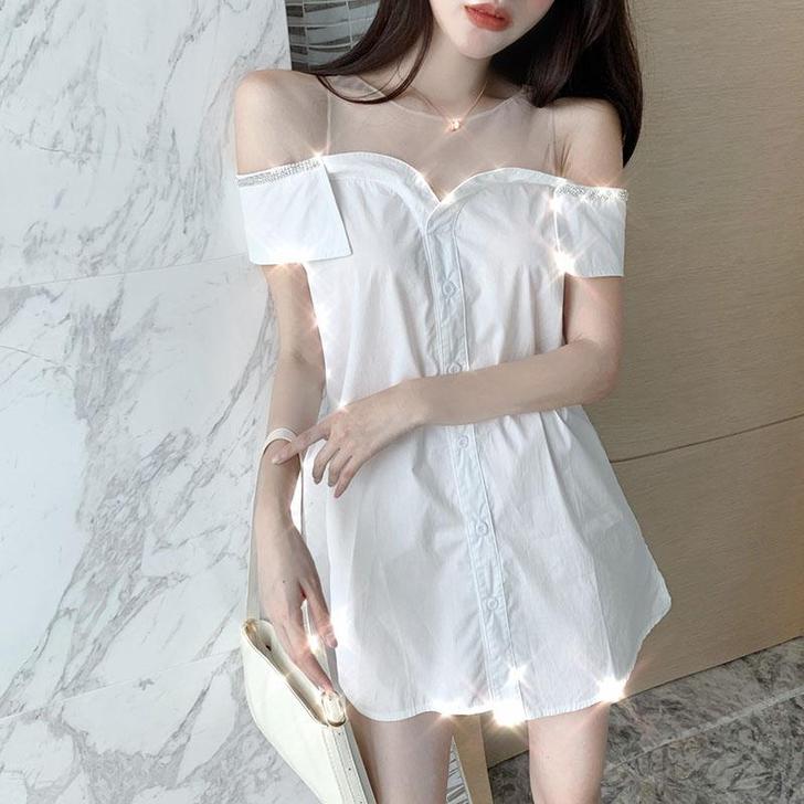 网红时尚露肩一字领拼网纱白色衬衫裙重工钉钻...