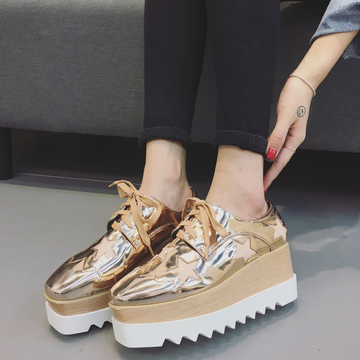 欧洲站2019春秋新款休闲厚底系带坡跟单鞋...