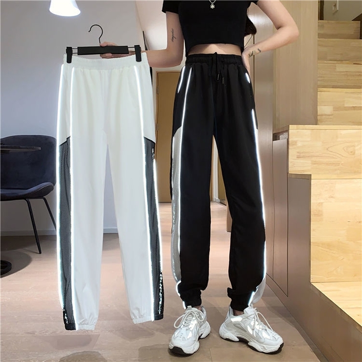 黑色韩版bf风宽松反光运动休闲裤女夏季薄款...