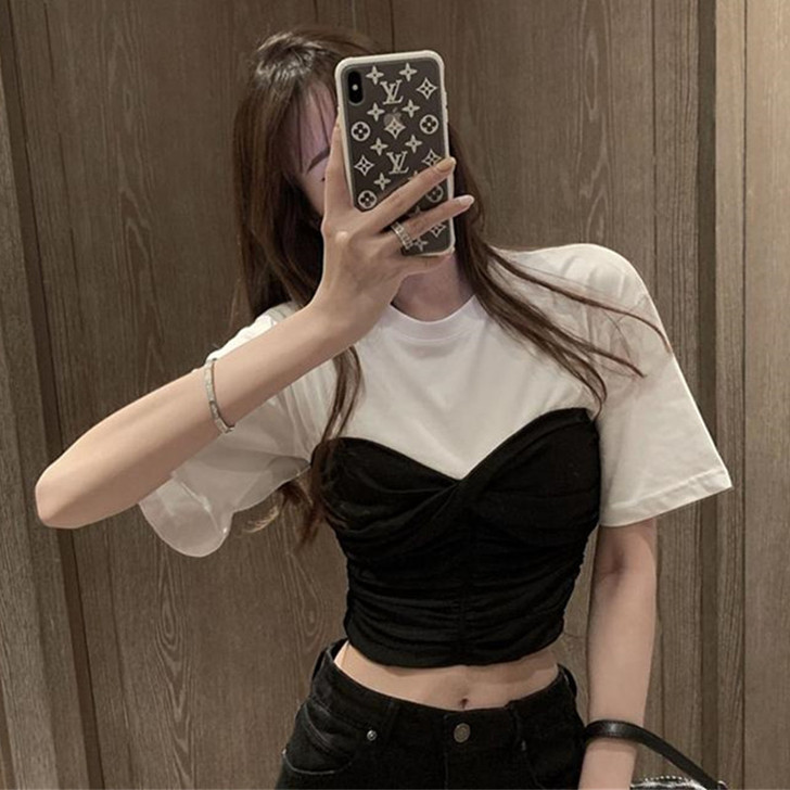 夏季女装2021新款圆领不规则假两件抹胸收...