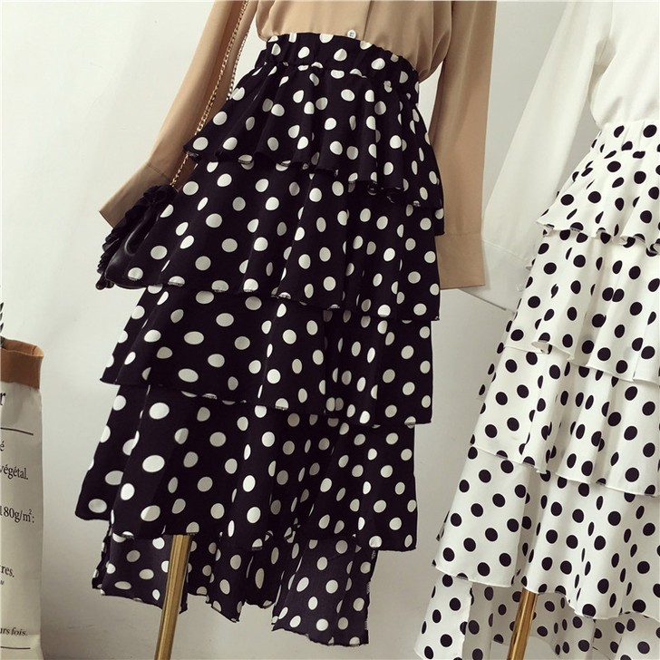 前短后长韩版高腰波点蛋糕裙##amp；he...