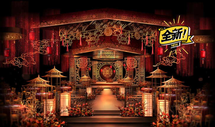 中式舞台厅内婚礼效果图,PSD