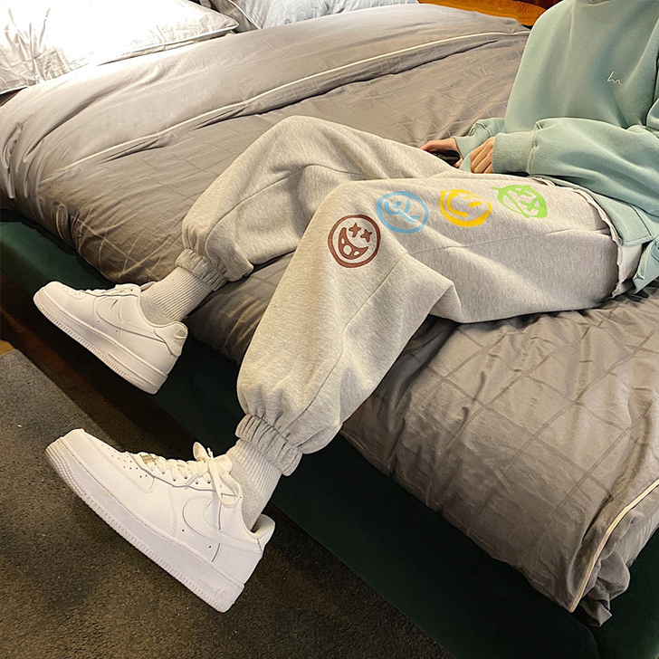 笑脸涂鸦卫裤女宽松束脚春秋学生运动裤子in...