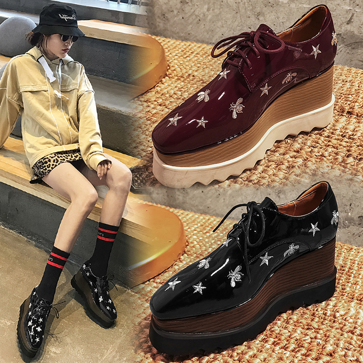 2020春秋新款真皮英伦厚底松糕鞋方头星星...