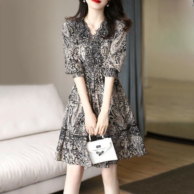 高档法式复古印花镂空V领连衣裙女奢华优雅松...