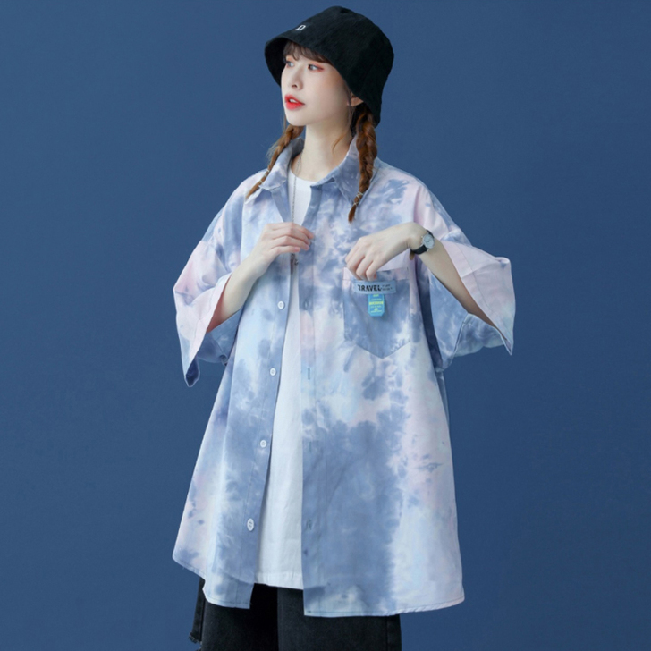扎染衬衫女短袖小众炸街宽松chic别致衬衣...