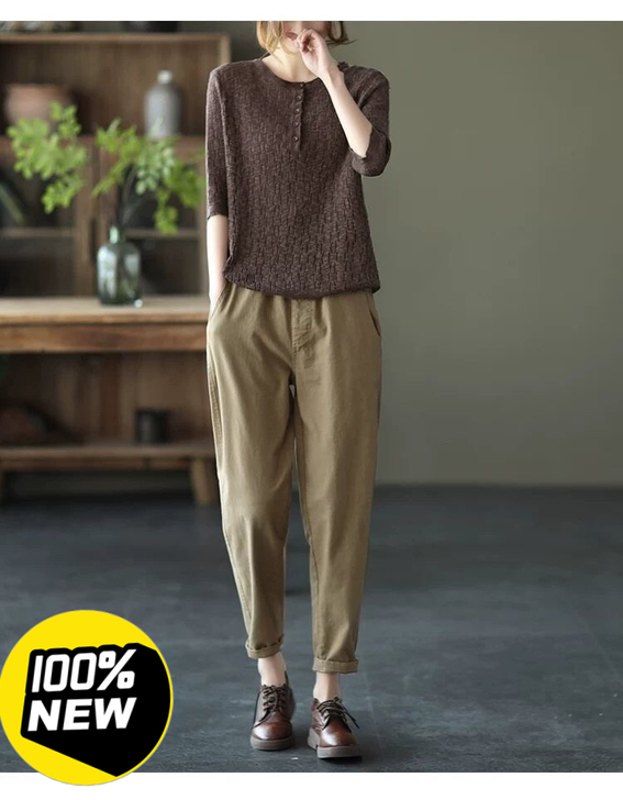 100%棉#女式卡其色休闲长裤宽松百搭松紧...