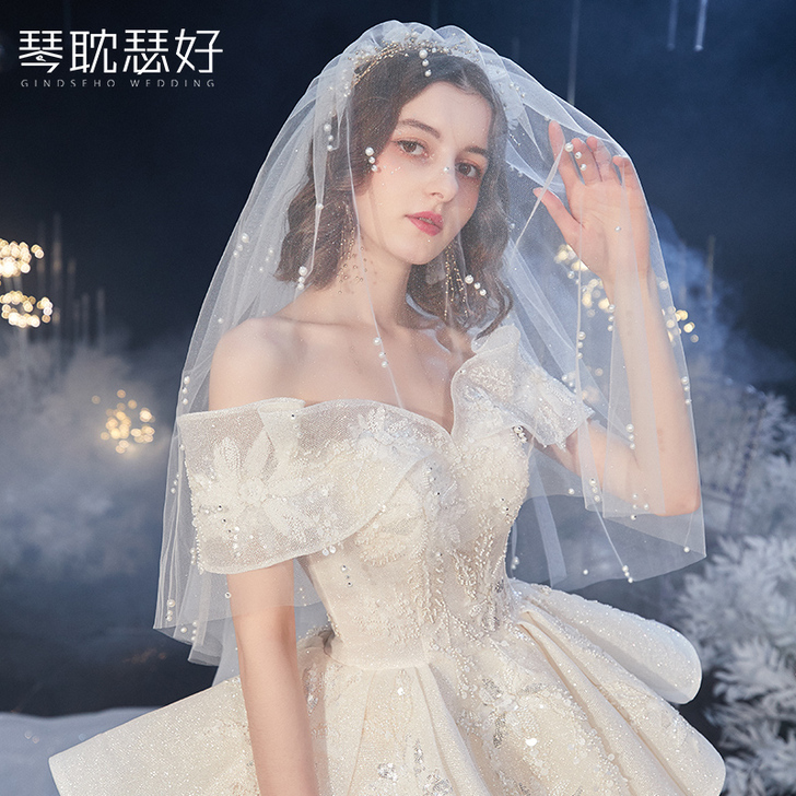 一字肩奢华主婚纱202021新款新娘礼服长...