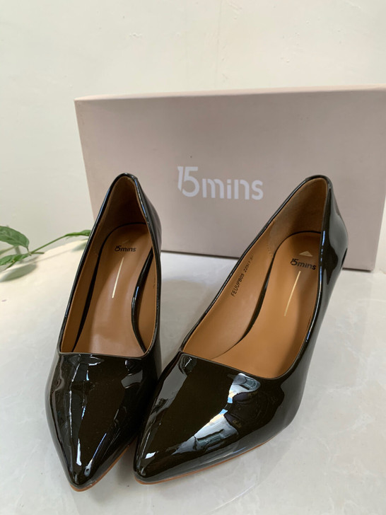 15mins15分钟 墨绿亮面通勤尖头细高...