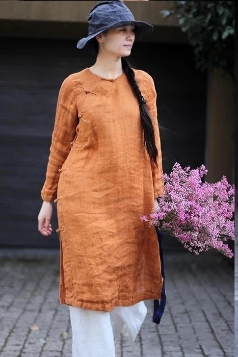 壹旧原著春款亮佛黄色柔软双层松麻单排手工盘...