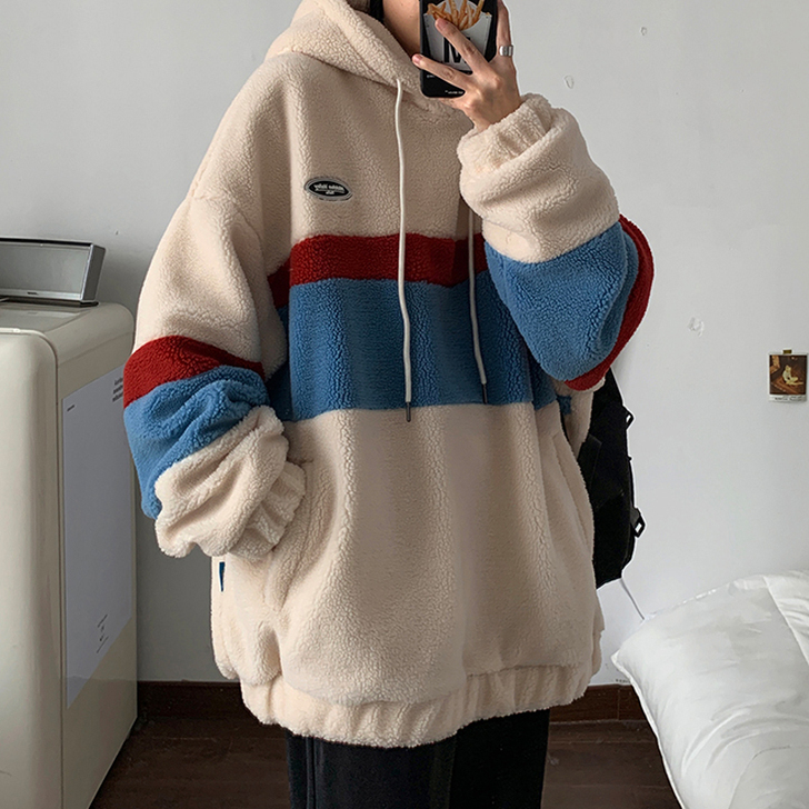 羊羔绒卫衣女秋冬宽松韩版加绒加厚连帽外套i...