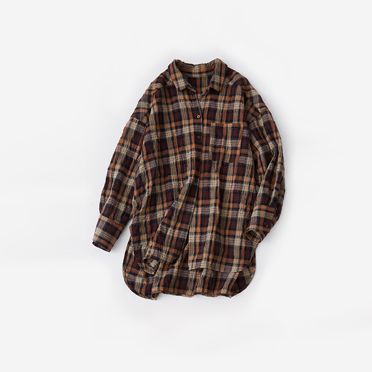 步履不停褶皱肌理格纹中长款衬衫 秋季日系休...