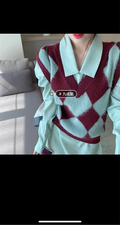 复古百搭风薄荷绿泡泡袖衬衫连衣裙+菱格背心...