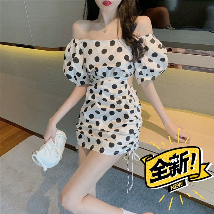 2021新款法式初恋甜美女神波点一字肩连衣...