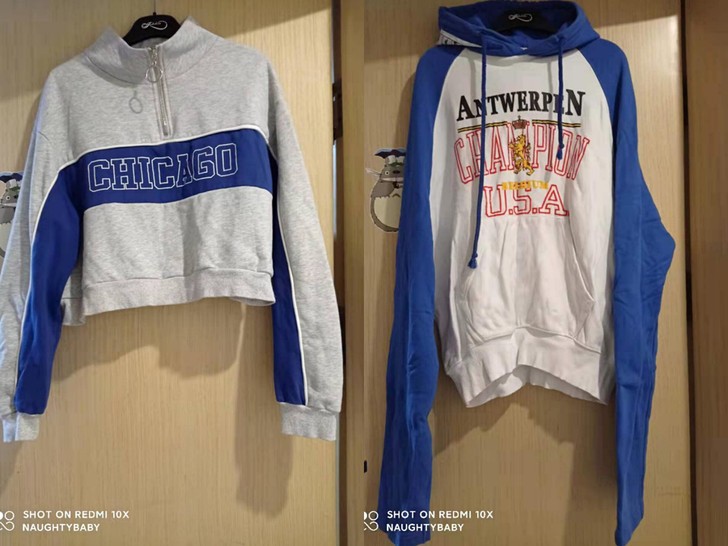 网红潮牌流行纯棉冠军蓝白撞色风帽衫连帽套头...