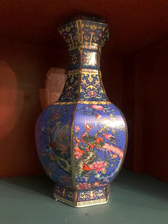 陶瓷花瓶描金珐琅彩六方花鸟中式瓷插花装饰博...