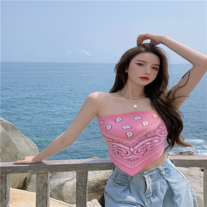 2021夏装辣妹三角巾抹胸背心女短款不规则...