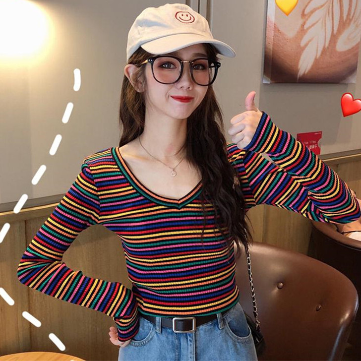 2020秋季新款性感显瘦修身V领长袖上衣泫...