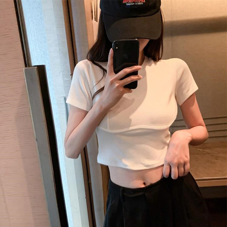 网红小众T恤ins超火夏季高腰露脐修身显瘦...