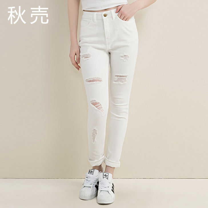 秋売2015秋装白色磨烂牛仔裤女秋