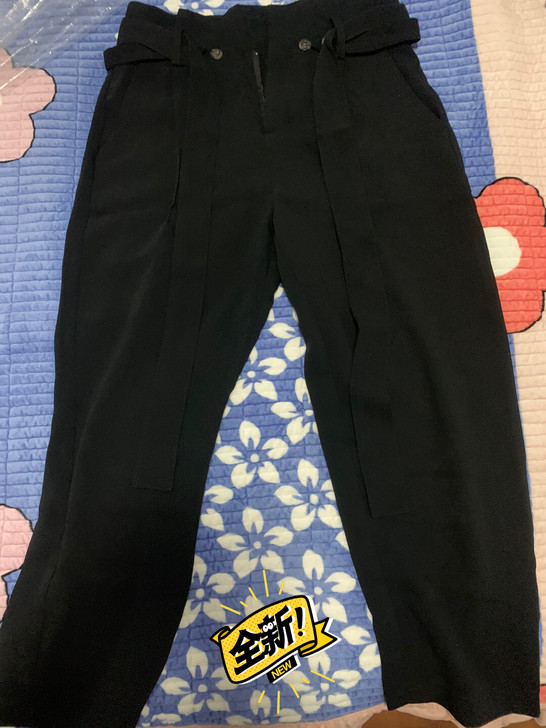 黑色雪纺高腰裤,8分裤,腰部系带,裤长82...