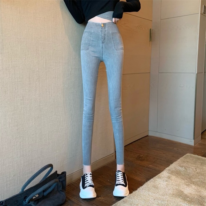 灰色弹力小脚裤女2021夏季港风复古高腰紧...