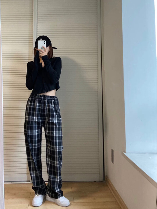 店铺倒闭清仓全新阔腿格子裤女男经典春夏高腰...