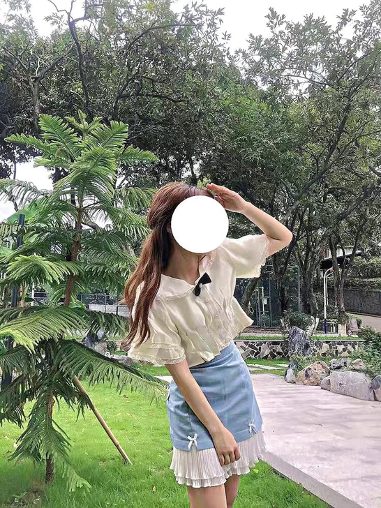 日系软妹甜美半身短裙女荷叶边高腰百搭蓝色蝴...