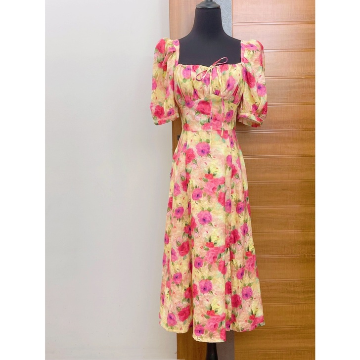 P 纯亚麻复古法式碎花裙子2021年新款夏...