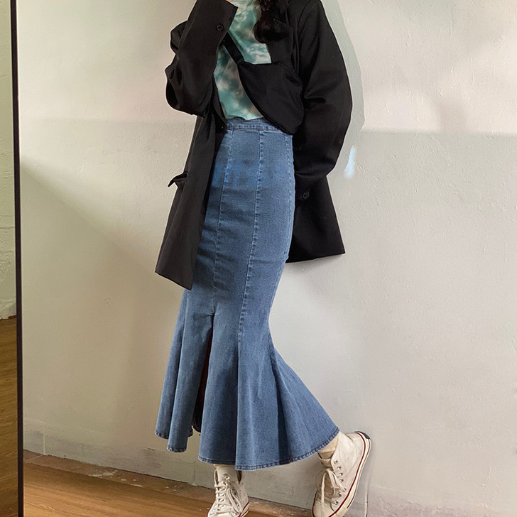 花田牛仔半身裙女设计感高腰a字裙荷叶边中长...