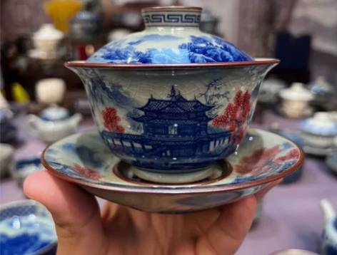 景德镇青花老陶泥山水三才盖碗泡茶碗 山水楼...