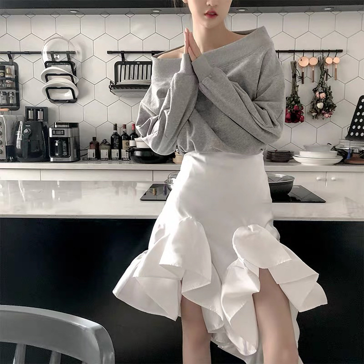 荷叶花边花瓣鱼尾裙半身裙女2021新款不规...