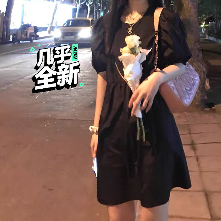 JMSHOP赫本风宽松裙子女收腰显瘦泡泡袖...