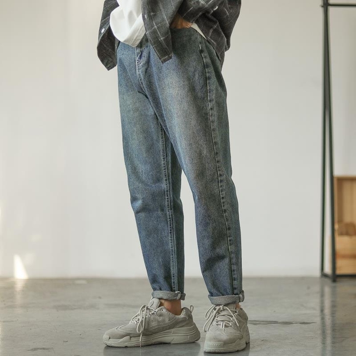 牛仔裤男宽松春秋款日系复古牛仔裤男士九 分...