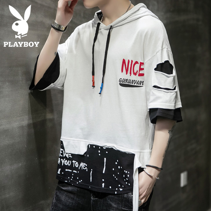 花花公子潮牌T恤2020夏季新款拼接个性男...