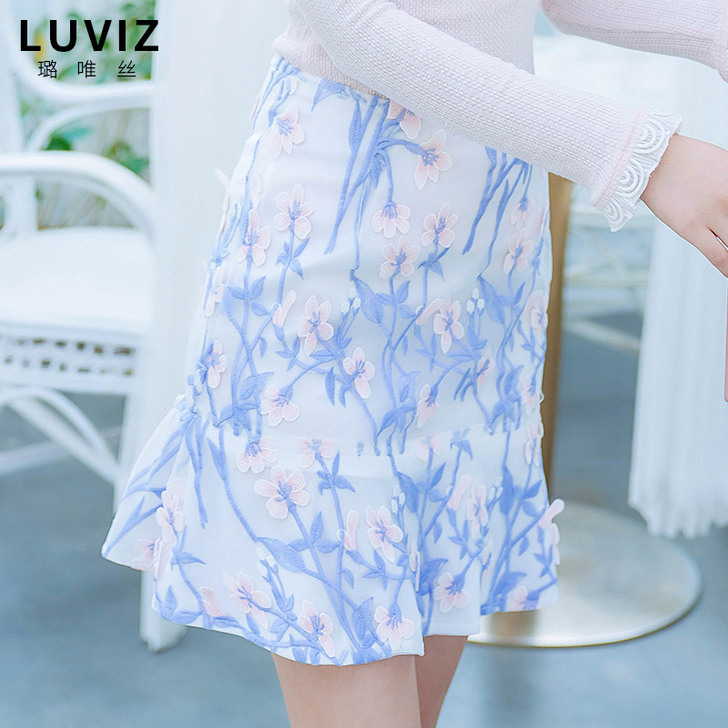 luviz 蕾丝半身裙复古青花瓷鱼尾裙女