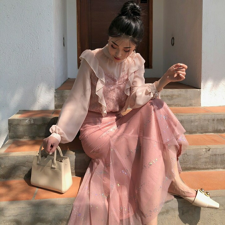 MAJIMITTY 亮片光感双层网纱鱼尾裙...