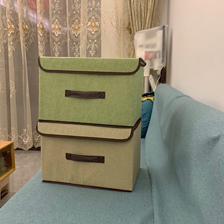 北欧风仿麻无纺布艺可折叠衣物收纳箱亚麻色带...