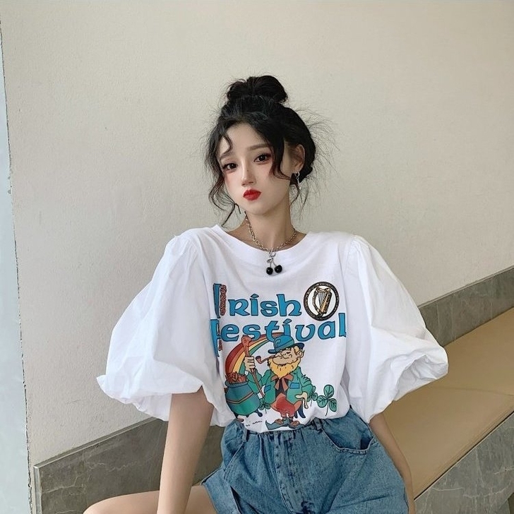 白色短袖t恤宽松韩风chic泡泡袖上衣设计...