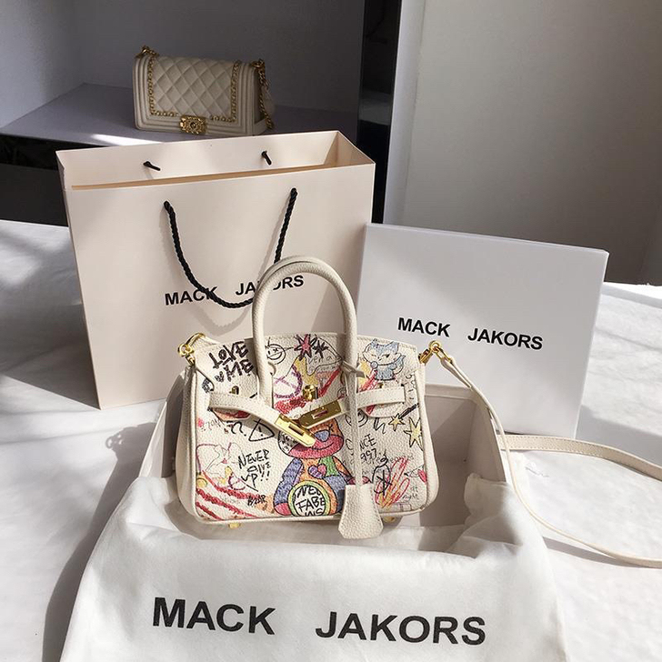 涂鸦小熊铂金包女包荔枝纹单肩斜跨手提包